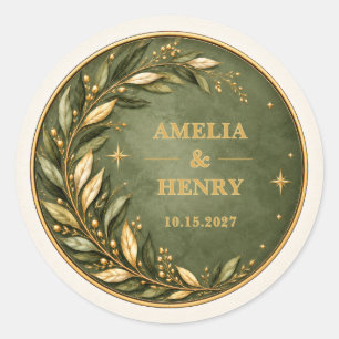 Personalisierte Oliven Grün Gold Botanische Hochze Runder Aufkleber