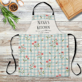 Personalisierte Oma-Küche Blau Gingham Blumenmuste Schürze