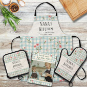 Personalisierte Oma-Küche Blau Gingham Blumenmuste Schürze