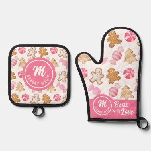 Personalisierte Oma Monogram Pink Sugarplas Ofenhandschuh & Topflappen-Set (Vorderseite)