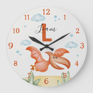 Personalisierte orange Dinosaurier-Kinderzimmer-Wa Große Wanduhr