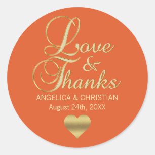 Personalisierte ORANGE Gold LIEBE & DANK Hochzeit Runder Aufkleber