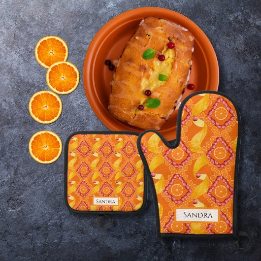 Personalisierte Orange mit Früchten und Schale Ofenhandschuh & Topflappen-Set