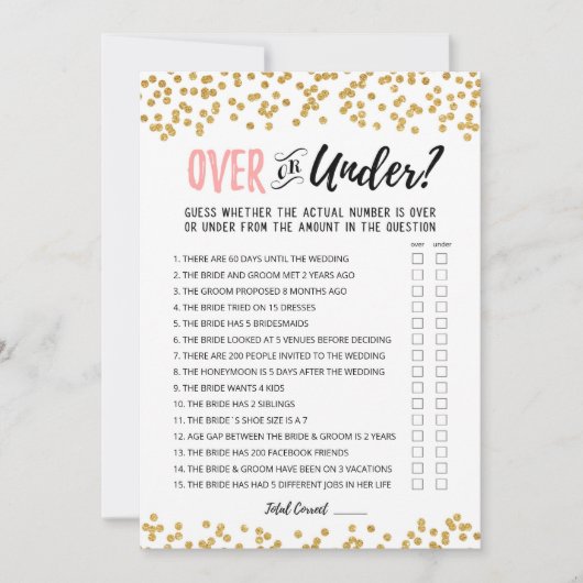 Personalisierte Over oder Under Brautparty Game Ca Einladung (Vorderseite)