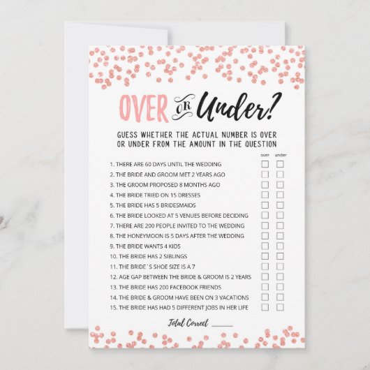Personalisierte Over oder Under Brautparty Game Ca Einladung (Vorderseite)
