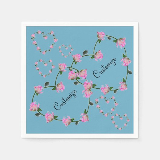 Personalisierte Paare Pink Rose Hearts Blue Napkin Serviette (Vorderseite)