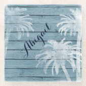 Personalisierte Palmenbäume am rustikalen Holzstra Glasuntersetzer (Vorderseite)