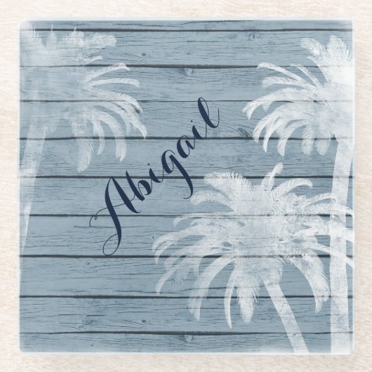 Personalisierte Palmenbäume am rustikalen Holzstra Glasuntersetzer (Vorderseite)