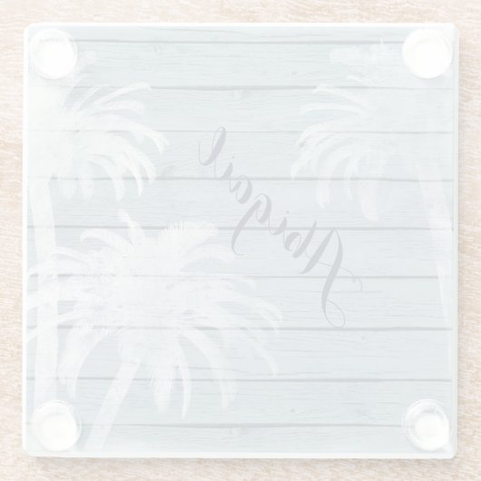 Personalisierte Palmenbäume am rustikalen Holzstra Glasuntersetzer (Rückseite)