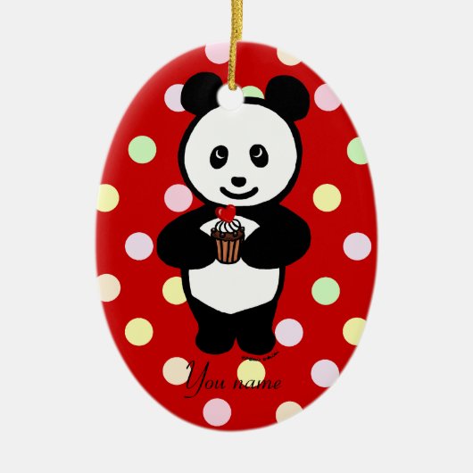 Personalisierte Panda-Cartoon-und Polka-Punkte Keramik Ornament (Vorne)