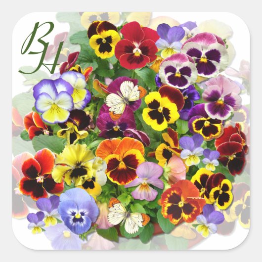 Personalisierte Pansy Beauty mit Schmetterlingen Quadratischer Aufkleber (Vorderseite)