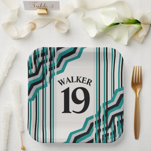 Personalisierte Papierplatte aquamarin und schwarz Pappteller (Hochzeit)