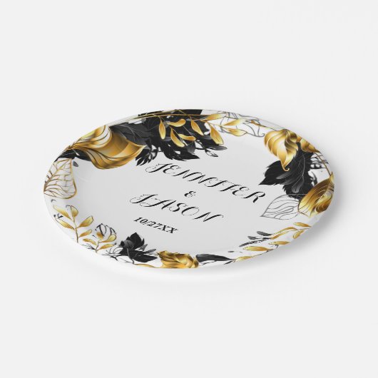 Personalisierte Papierplatte aus Gold und Schwarz- Pappteller (Schrägansicht)