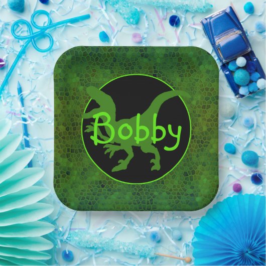 Personalisierte Papiertafel für grüne Dinosaurier Pappteller (Party)