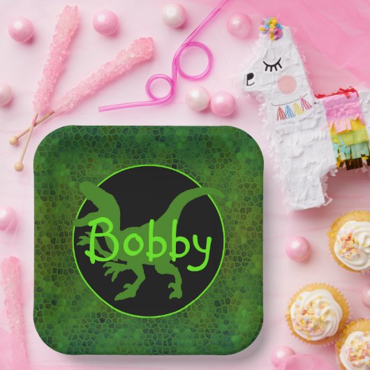 Personalisierte Papiertafel für grüne Dinosaurier Pappteller (Party)