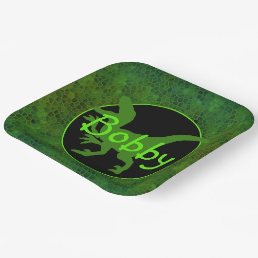 Personalisierte Papiertafel für grüne Dinosaurier Pappteller (Gewinkelt)