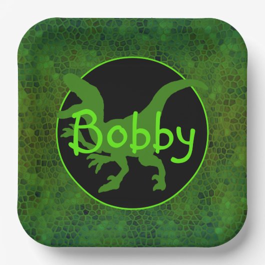 Personalisierte Papiertafel für grüne Dinosaurier Pappteller (Vorderseite)