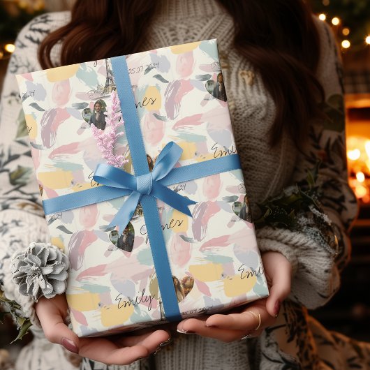 Personalisierte Pariser Romantik mit Fotos und Nam Geschenkpapier