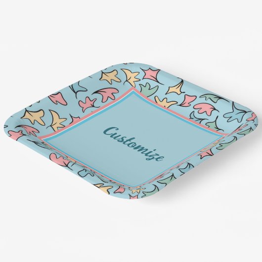 Personalisierte Pastel-Blätter Blau Pappteller (Gewinkelt)