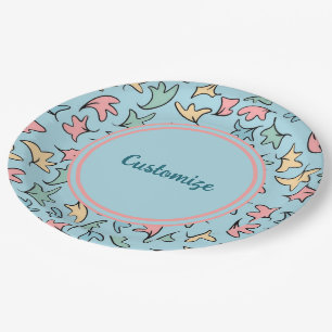 Personalisierte Pastel-Blätter Blau Pappteller