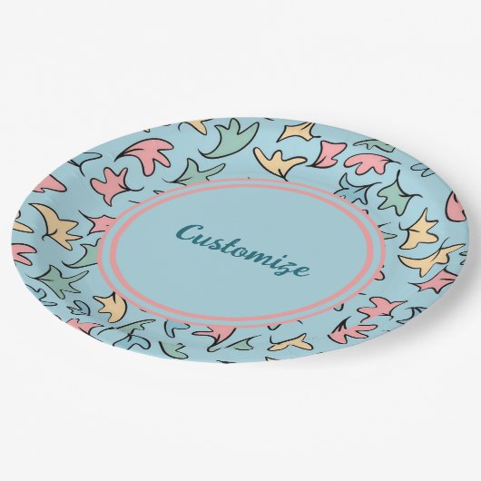 Personalisierte Pastel-Blätter Blau Pappteller (Schrägansicht)