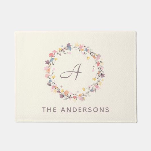 Personalisierte Pastel Floral Wreath Monogram Fußmatte (Vorderseite)