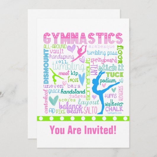 Personalisierte Pastel Gymnastik Worte Typografie Einladung (Vorne/Hinten)