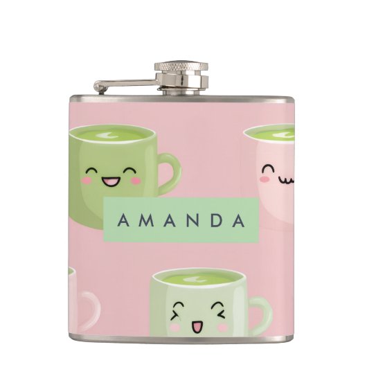 Personalisierte Pastel Kawaii Matcha Teemuster Flachmann (Vorderseite)