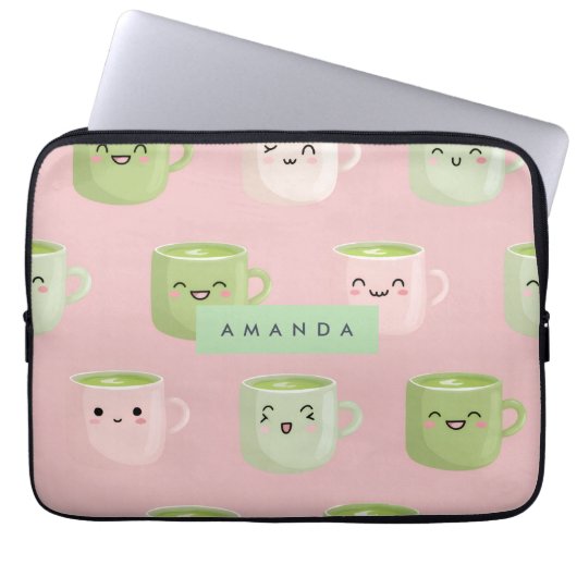 Personalisierte Pastel Kawaii Matcha Teemuster Laptopschutzhülle (Vorderseite)