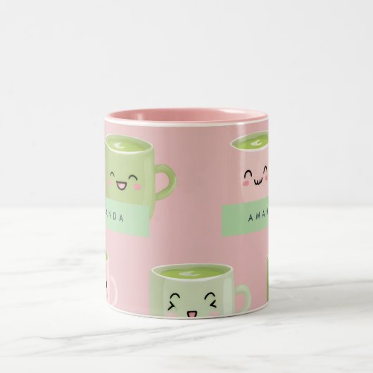 Personalisierte Pastel Kawaii Matcha Teemuster Zweifarbige Tasse (Mittel)