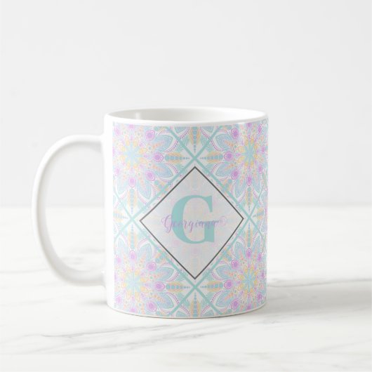 Personalisierte Pastel Rainbow Floral Mandala gete Kaffeetasse (Links)