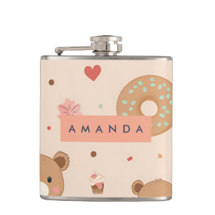 Personalisierte Pastel Teddy Bear und Donut Desser Flachmann