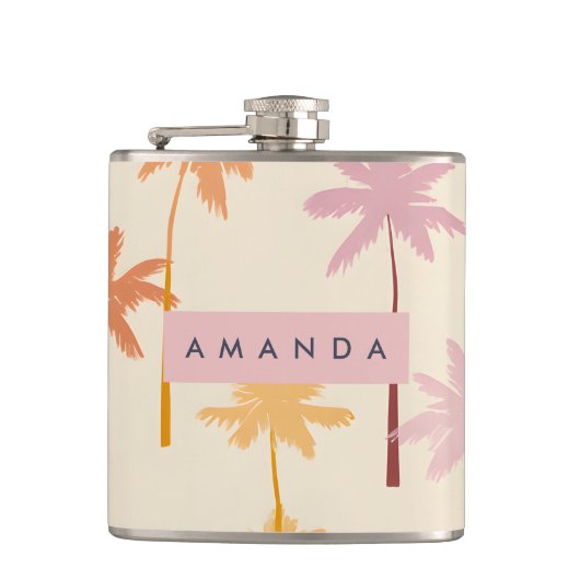 Personalisierte Pastel Tropical Sunset Palm Tree Flachmann (Vorderseite)