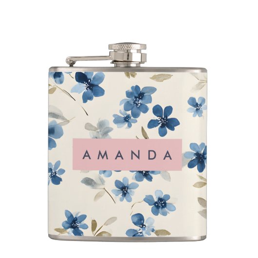 Personalisierte Pastel Watercolor Blauer Blossom Flachmann (Vorderseite)