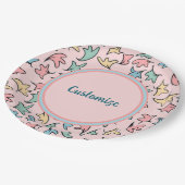 Personalisierte Pastell-Blätter Rosa Pappteller (Schrägansicht)