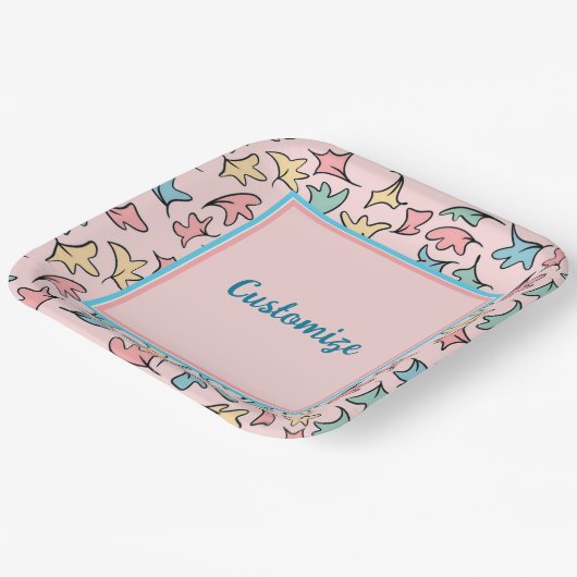 Personalisierte Pastell-Blätter Rosa Pappteller (Gewinkelt)