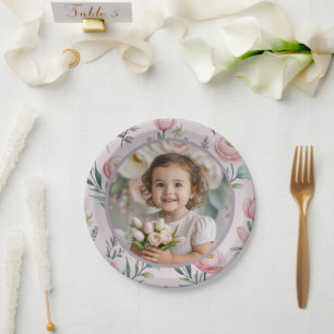 Personalisierte Pastell-Blumen-Foto-Geburtstagsfei Pappteller