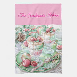 Personalisierte Pastell-Pink- und Grüne Weihnachts Geschirrtuch