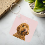 Personalisierte Pastell Rosa Telefonzelle mit Hund Schlüsselanhänger<br><div class="desc">Tragen Sie ein Stück Ihres wütenden Freundes mit, wo immer Sie mit diesem personalisierten pastellrosa Schlüsselanhänger gehen. Mit einem Foto Ihres geliebten Hundes und ihrem Namen verleiht dieser hochwertige Schlüsselanhänger Ihren Schlüsseln, Taschen oder Rucksäcken eine Touch Charme. Der weiche pastellrosa Hintergrund hebt das Foto und den Namen Ihres Hundes wunderbar...</div>