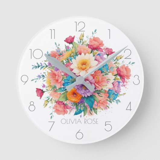 Personalisierte Pastell Watercolor Blume Bouquet Runde Wanduhr (Vorderseite)