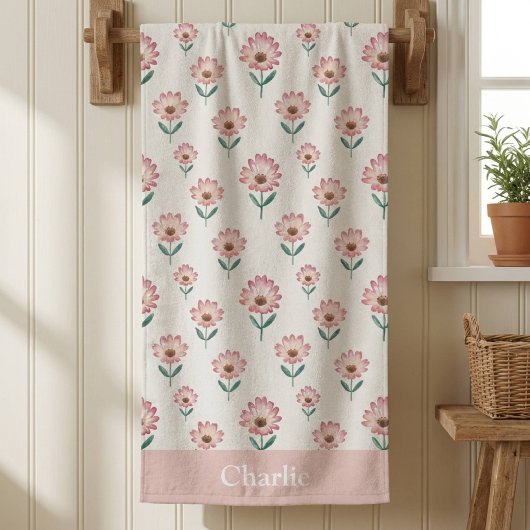 Personalisierte Pastellrosa Blumen Kinder Badehandtuch