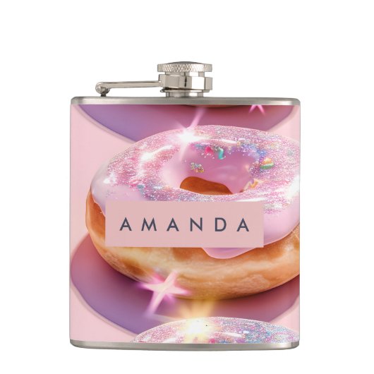 Personalisierte Pastellrosa Donut Funken Flachmann (Vorderseite)
