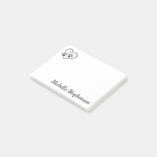 Personalisierte Paw-Prints im Herzen mit Namen Post-it Klebezettel (angewinkelt)