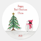 Personalisierte Peggy Penguin 1. Weihnachtsaufkleb Runder Aufkleber (Vorderseite)
