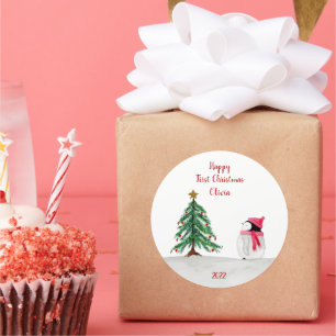 Personalisierte Peggy Penguin 1. Weihnachtsaufkleb Runder Aufkleber