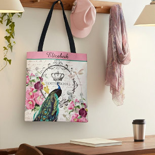 Personalisierte Pfau- und Frühlingsblumen-Tragetas Tasche