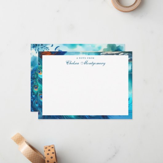 Personalisierte Pfauen Wasserfarbenmalerei Mitteilungskarte (Vorderseite/Rückseite Beispiel)