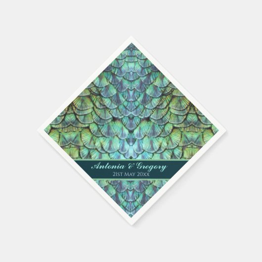 Personalisierte Pfauenfeathers Hochzeitspapier Nap Serviette (Ecke)