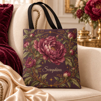 Personalisierte Pflaumen-Pfingstrose-Gold-Botanik- Tasche