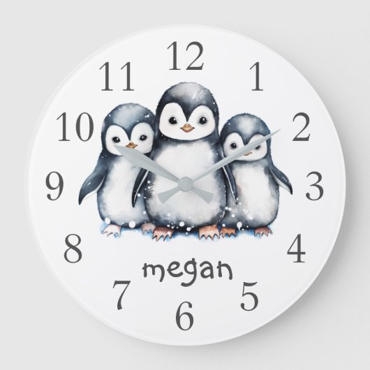 Personalisierte Pinguine Kinderzimmer Wall Clock Große Wanduhr (Vorderseite)
